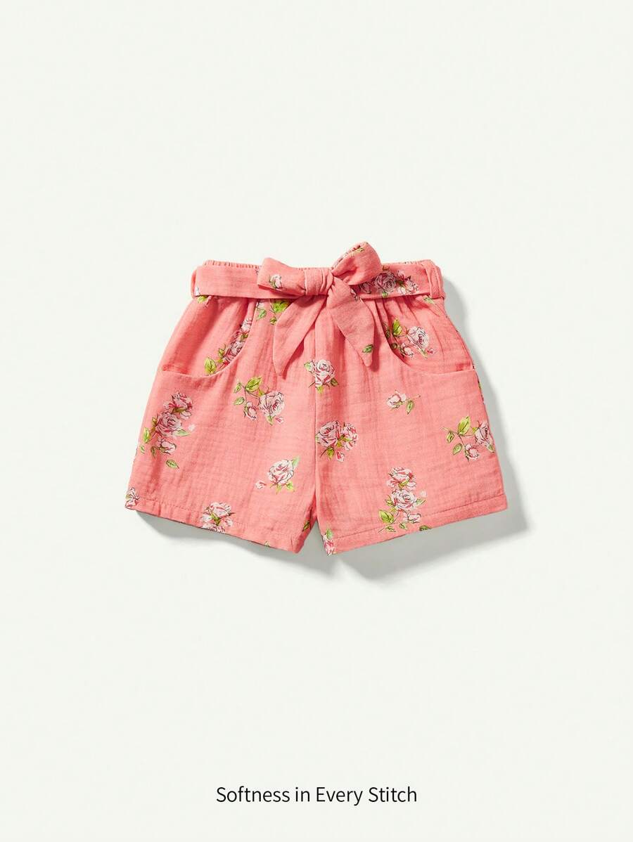 Cozy Pixies 寶寶女孩小花紋裝飾蝴蝶結彈性腰休閒短褲 - 粉色 - 查看 1