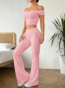SHEIN EZwear Women's Simple Crop Top And Slim Flared Pants Two-Piece Set With Solid Color Off Shoulder Design