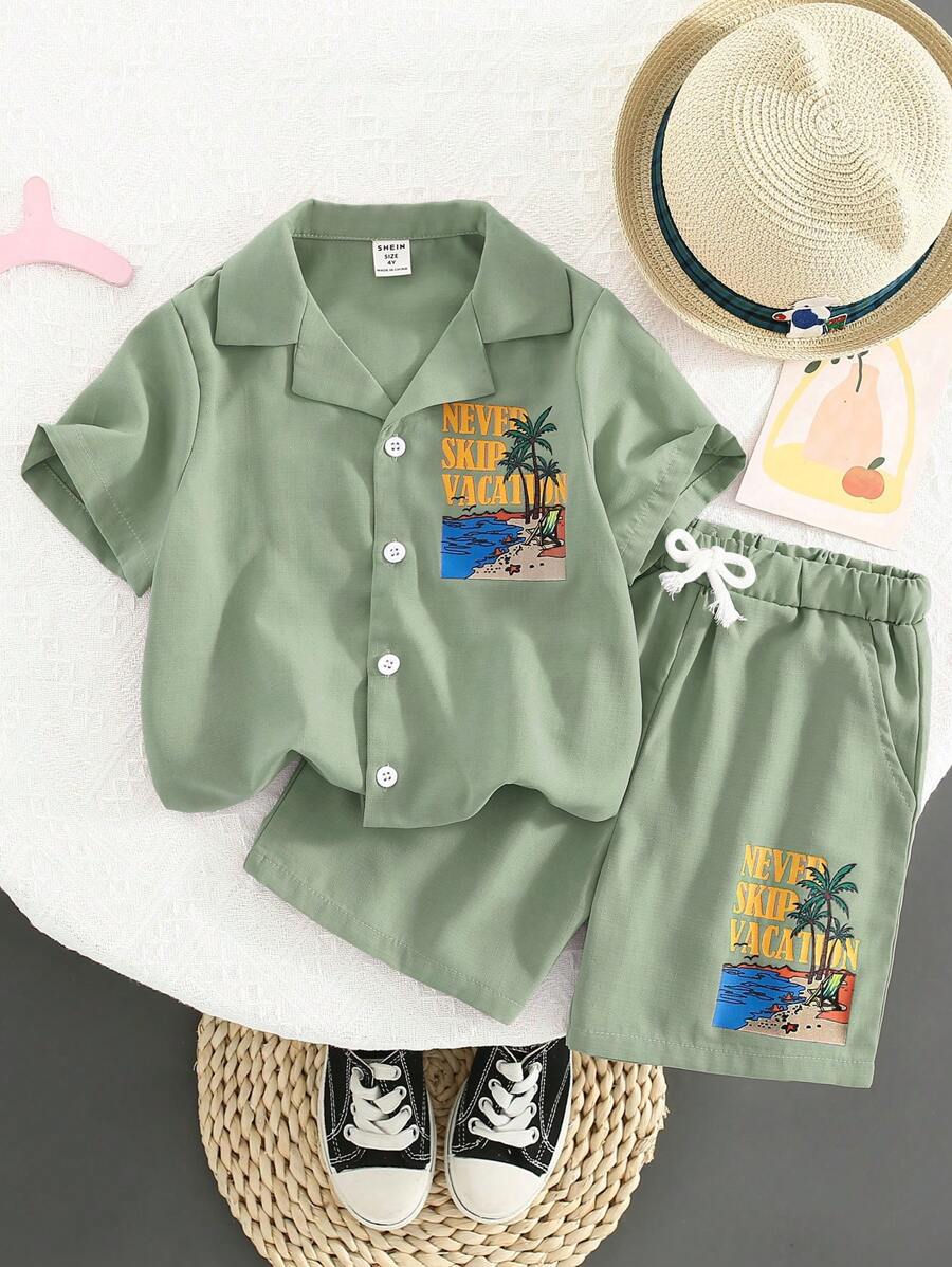 SHEIN 2 chiếc Áo sơ mi và quần short cổ bẻ cổ bẻ thoáng khí cho bé trai đi biển, thích hợp cho kỳ nghỉ, tiệc tùng, trường học, ở nhà, mùa xuân và mùa hè - màu xanh lá - Xem 1