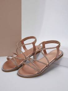 Flat Heeled Round Toe Metallic Sandals With Rhinestone Detailing, Elastic Ankle Strap, Roman Style For Women Valentines