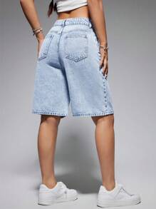 SHEIN EZwear Quần short denim thường ngày đơn giản màu trơn cho nữ cho mùa hè - Rửa nhẹ - Xem 2