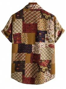 Men's Patchwork Print Short Sleeve Casual Shirt, Summer