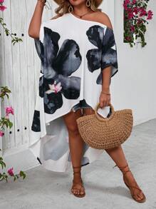 SHEIN VCAY 大码波西米亚风不对称下摆连衣裙，适合度假、夏季 - 彩色 - 查看 5