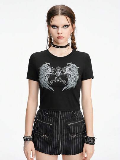 Grunge Punk Maglietta aderente di base con ali stamapte in stile punk scuro e punti luce di strass per donne
