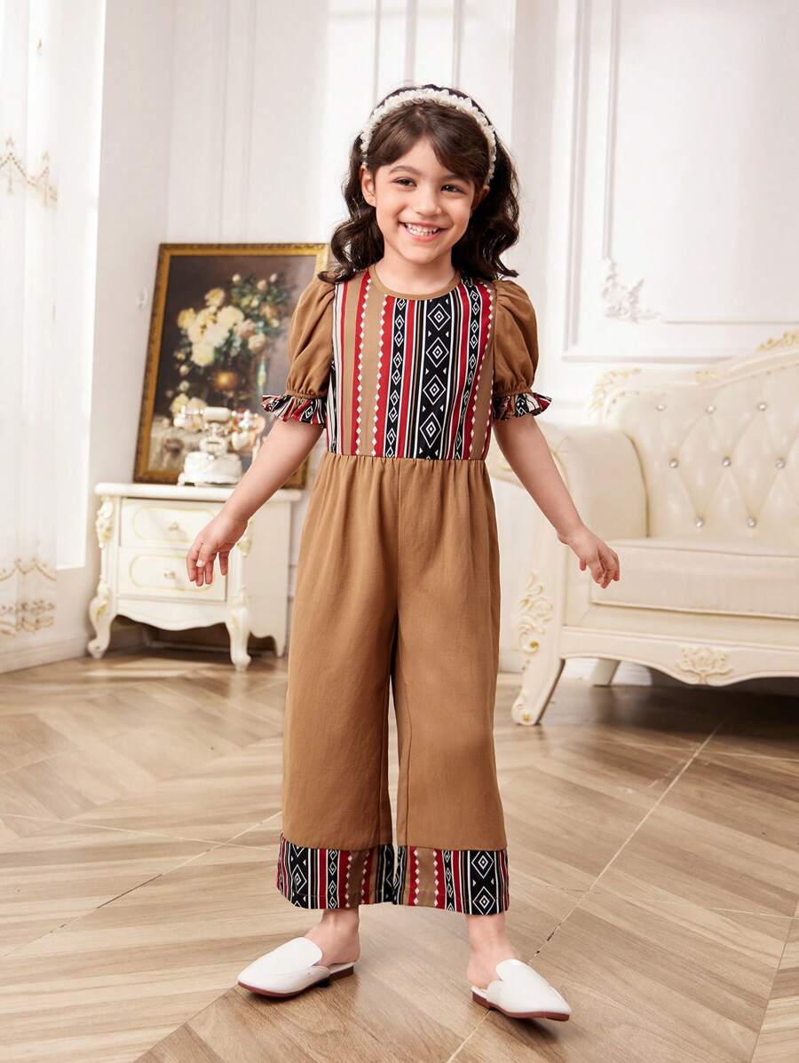 Bộ áo liền quần tay phồng dệt kim màu trơn cho cô gái trẻ có in họa tiết hình học và vừa vặn - Màu Khaki - Xem 1