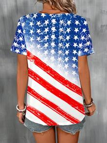 SHEIN LUNE Áo thun dệt kim cổ tròn ngắn tay in hình ngày quốc khánh Plus Size - trắng - Xem 2