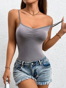 SHEIN PETITE Women Summer Solid Color Ruched Strap Bodysuit - Grey - View 5