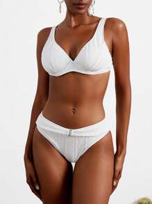 SHEIN Swim Summer Ladies Vacation Plain Textured Bikini Set With Underwire