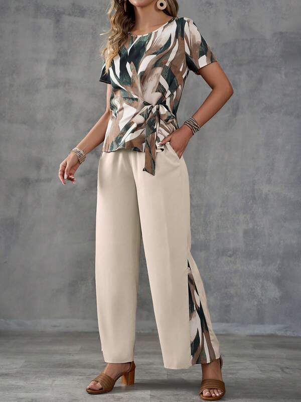 EMERY ROSE Ladies' Summer Vacation Casual Random Print Tie-Front Short Sleeve Shirt And Patchwork Long Pants Set