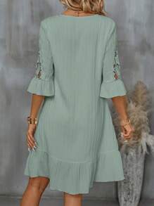EMERY ROSE 純色Ｖ領荷葉邊夏季休閒連衣裙 - 薄荷綠 - 查看 2
