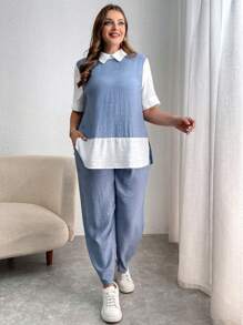 SHEIN Essnce Plus Size Women's Summer Casual Loose Blue Suit, Women's Summer Clothing, Women's Two-Piece Suit, Summer Dress, Curve Set,Work Women Shirts,Women Two Piece Sets,Casual Women Clothes,Mother Day Outfit,Teacher Shirts Set,Work Set,Outfit Sets,Two Piece Outfits