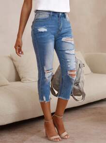 Ladies' Skinny Distressed Denim Capris - Medium Wash - View 8