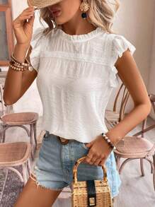 SHEIN Frenchy Summer Casual Shirt, Floral Eyelet Embroidery, Water-Soluble Lace And Ruffle Trim, Butterfly Sleeves, Summer White Top, Summer Essential, French Dress - White - View 4