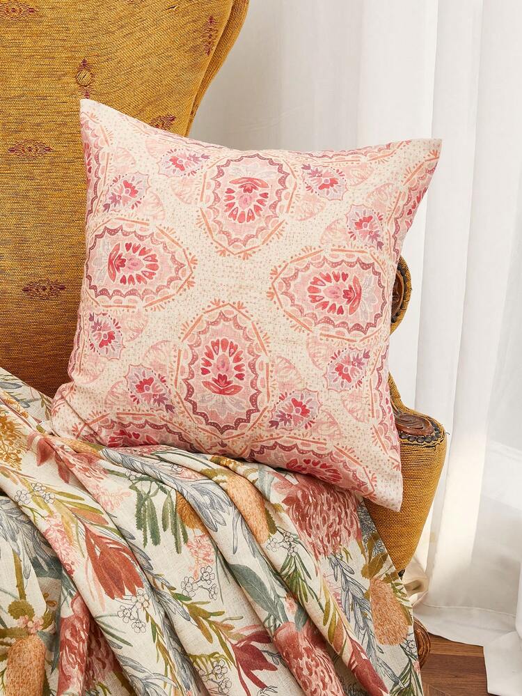 1pc Linen Textured Floral Print Artistic 170GSM Thicer Cushion Cover Without Filler, Decorative Throw Pillowcase For Bed/Sofa/Farmhouse