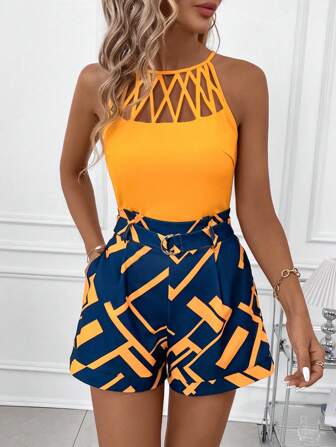 SHEIN Clasi Women Yellow Geometric Hollow Out Tank Top With Pocket Shorts Set