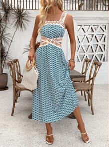 Breezaya 假日休闲印花拼布编织腰带无袖镂空连衣裙长款度假海滩装女装 - 黃色 - 查看 1