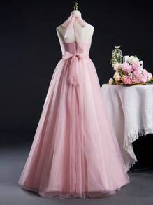 SHEIN Teen Girl Wedding Season Elegant Bridesmaid Dress With Netting Neckline, Floor-Length, Suitable For Weddings, Birthdays, Spring And Summer - Pink - View 2