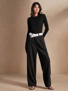 Anewsta 圓領套頭衫，半扣釦設計，時尚百搭的上衣 - 黑色 - 查看 4