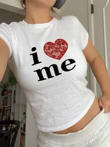 INAWLY 女士夏季口號心形印花圓領短袖休閒T恤 - 白色 - 查看 1