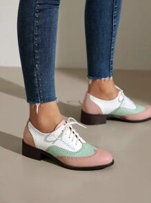 Women's Flat Oxfords, Vintage Style Leather Shoes With Lace-Up, Color Block Brogue Shoes