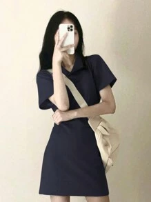 DAZY Đầm sơ mi cổ polo tay ngắn cho nữ, Đầm suông thoải mái thường ngày mùa hè - Màu xanh hải quân - Xem 3