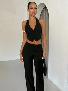 SHEIN BAE 女士夏季純色黑色西裝馬甲，低腰兩件式裝扮適合工作，商務休閒 - 黑色 - 查看 1