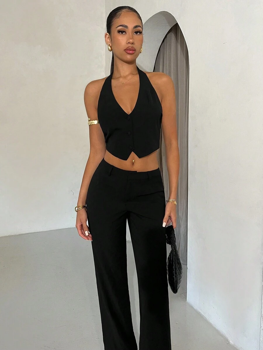 SHEIN BAE 女士夏季純色黑色西裝馬甲，低腰兩件式裝扮適合工作，商務休閒 - 黑色 - 查看 1