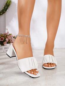 Dép quai ngang mũi nhọn màu trắng phối nếp thời trang cho nữ, Sandal cao gót - trắng - Xem 3