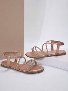 Flat Heeled Round Toe Metallic Sandals With Rhinestone Detailing, Elastic Ankle Strap, Roman Style For Women Valentines