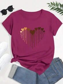 Calvaya Camiseta de manga corta de estilo casual con estampado de corazón del Día de San Valentín para mujeres de talla grande