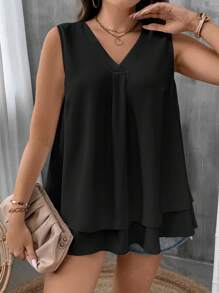 SHEIN CURVE+ Top De Traje De Manga Corta Sin Mangas De Color Sólido Con Cuello En V Y Talla Grande - Negro - Ver 6