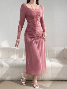Modelyn Ladies' Solid Color Simple Daily Wear Bodycon Dress With Pleated Design Long Evening Dresses - Pink - View 6