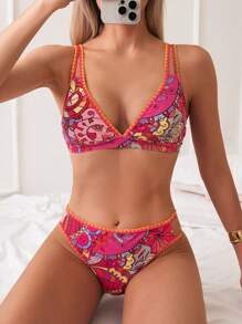 SHEIN Swim 女士度假几何印花性感比基尼套装，随机印花夏季 - 彩色 - 查看 1