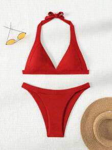 SHEIN Swim Conjunto de bikini de unicolor, separado, para playa de verano - Rojo - Ver 6