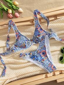 SHEIN Swim Women Bikini Set, Random Print, Steel Bracket,Summer Beach - Multicolor - View 3