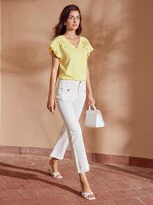MOTF PREMIUM V-NECK EMBROIDERY LASER CUT FLARE SLEEVE BLOUSE - Yellow - View 7