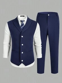Manfinity Mode Conjunto de chaqueta de traje y pantalones de talla grande para hombres de una sola hilera - Azul Marino - Ver 12