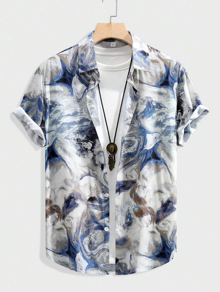 男士夏季休闲扎染印花短袖衬衫 - 彩色 - 查看 1