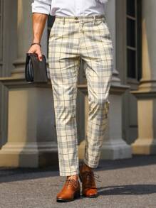 Manfinity Mode 男士格子斜口袋西装裤，男士格子裤，格纹裤，男士长裤 - 卡其色 - 查看 5