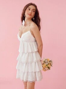 Enchnt Romantic Vacation Style White Layered Ruffle Cake Casual Women Summer White Lace Dress Hawaiian - White - View 6