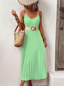 Breezaya 純色細肩帶褶皺無袖夏日日曬裙 - 薄荷綠 - 查看 7