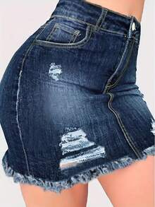 Summer Distressed Raw Hem Elastic Bodycon Denim Skirt - Blue - View 4