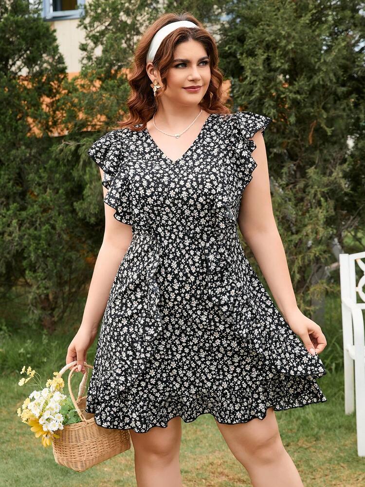Holiday V-Neck Short Flutter Sleeve Floral Plus Size Dress