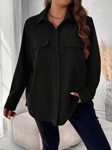 Vionelle Plus Size Casual Solid Color Front Button Curved Hem Shirt, Autumn - Black - View 1