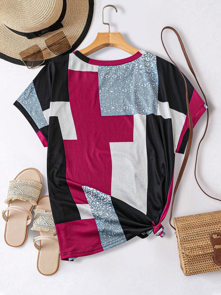 Plus Size Women's Summer Geometric Printed Round Neck Short Sleeve Casual T-Shirt