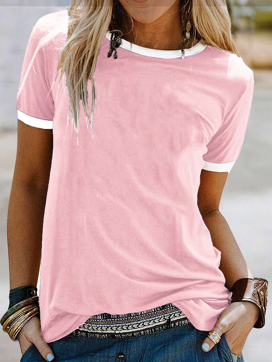 EMERY ROSE Women's Summer Hemmed Round Neck Short Sleeve Casual T-Shirt Graphic Tees Women Tops - Pink - View 1