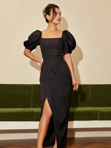 Square Neck Puff Sleeve High Slit Dress For Women - Black - View 5