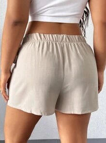 Elenzga 大尺碼夏季休閒純色包裝迷你短裙，配有綁帶腰帶 - 杏色 - 查看 2