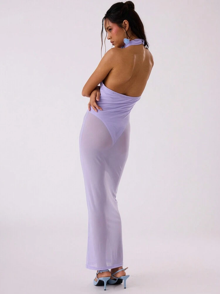 High Neck Bodysuit Insert Mesh Maxi Dress Spring Vacation Sexy Romantic Beach Sun Dress Wedding Guest Occasion Summer Pastel Long Dress Elegant Graduation Prom