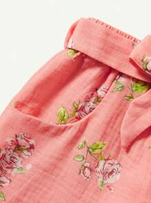Cozy Pixies 寶寶女孩小花紋裝飾蝴蝶結彈性腰休閒短褲 - 粉色 - 查看 4